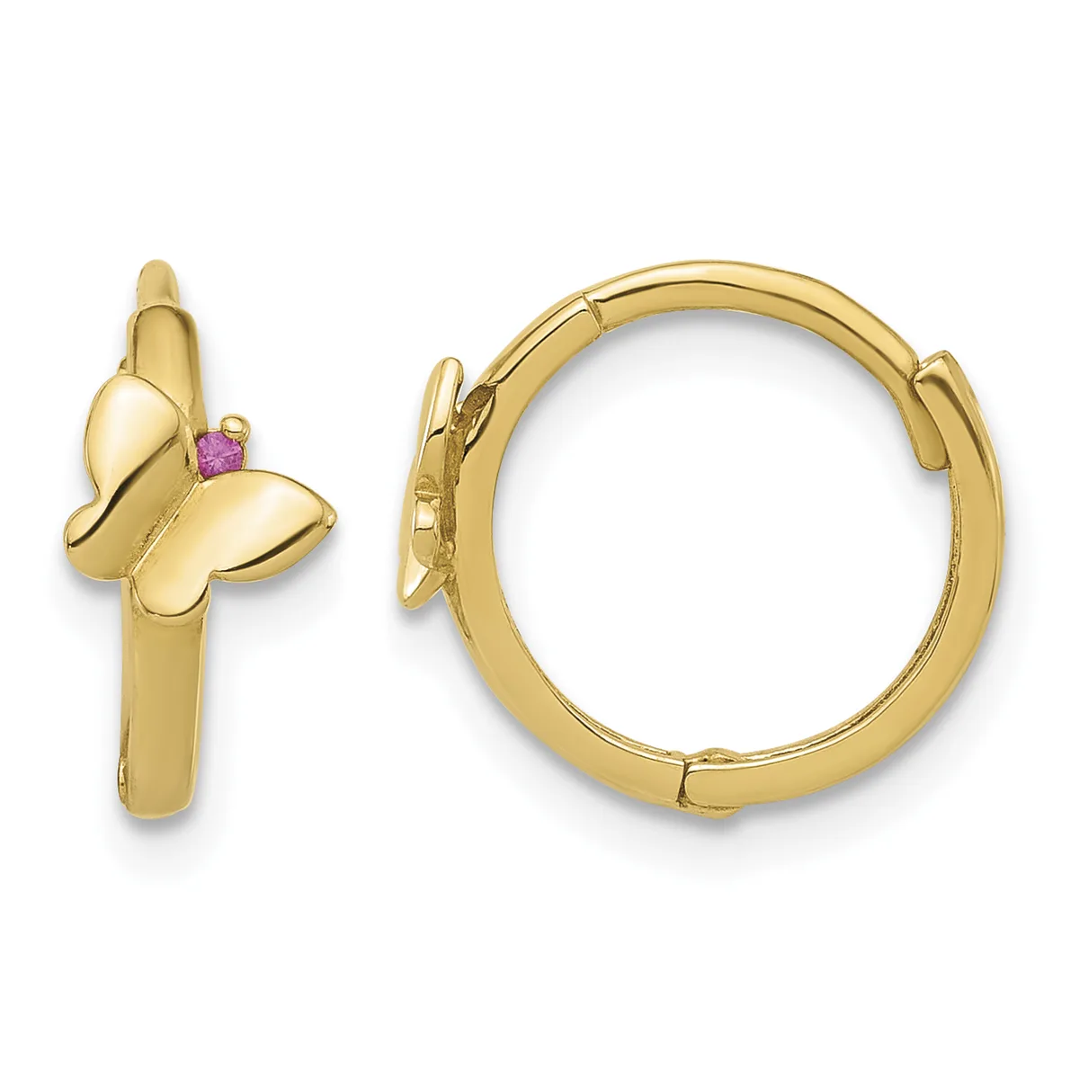 Pair of gold-toned hoop earrings with butterfly motifs featuring small pink gemstones, shown from front and side views.