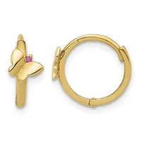 Pair of gold-toned hoop earrings with butterfly motifs featuring small pink gemstones, shown from front and side views.