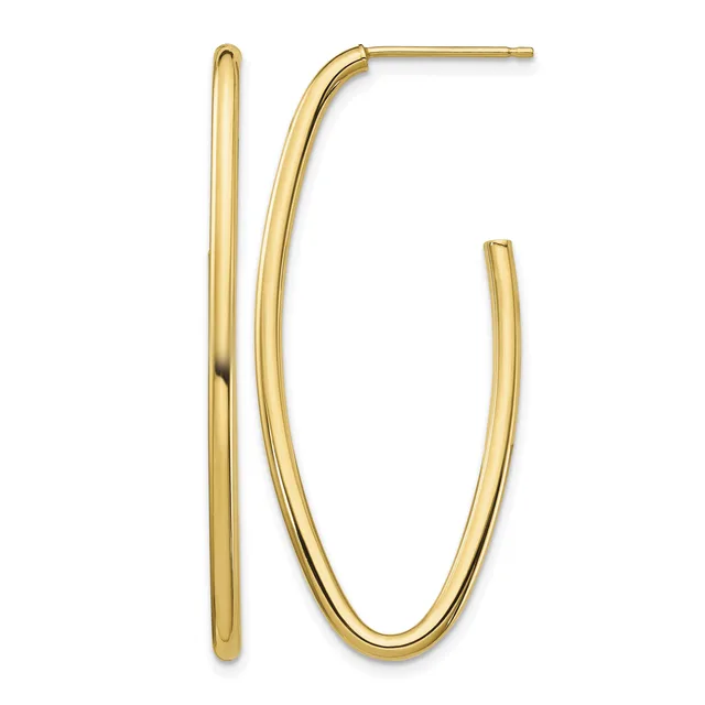 A pair of gold hoop earrings with a polished finish, shown from the front, displaying one straight tubular hoop and one curved U-shaped hoop.