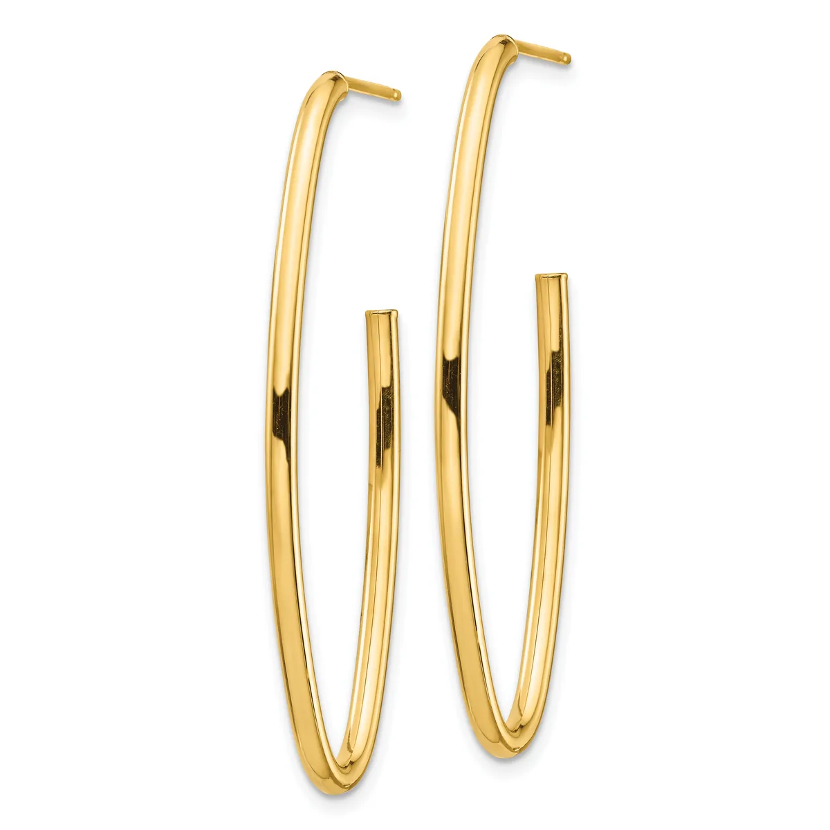 A pair of polished gold hoop earrings with elongated oval shapes and post closures displayed against a white background.