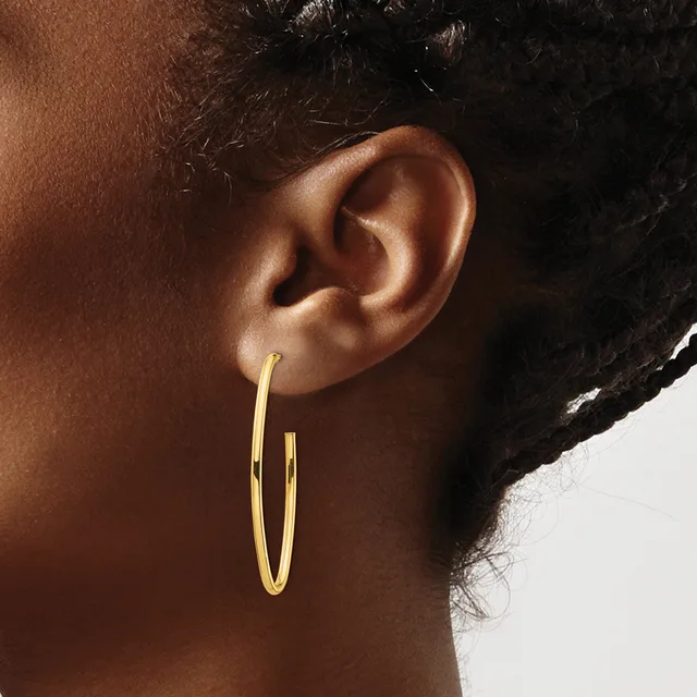 A person wearing a pair of gold-toned oval hoop earrings, shown from the side profile against a neutral background.