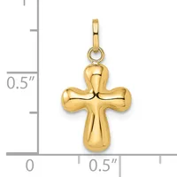 A polished gold cross pendant with rounded lobes at each end, shown next to a ruler indicating approximately half an inch in height.