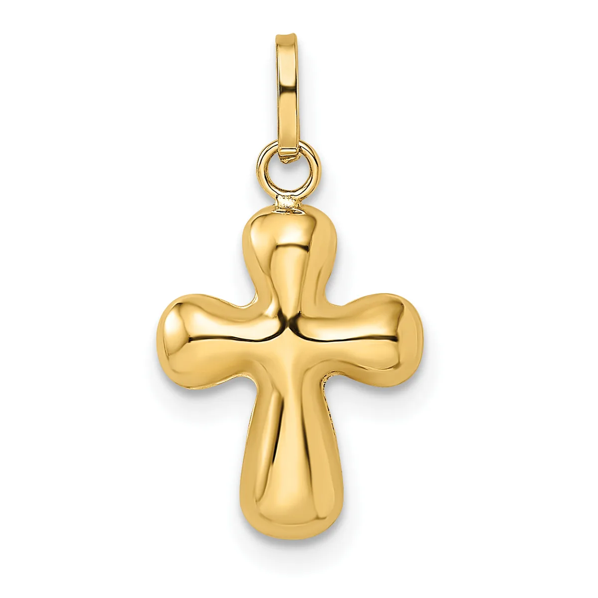 A polished gold cross pendant with rounded ends and a bail loop at the top, shown against a white background.