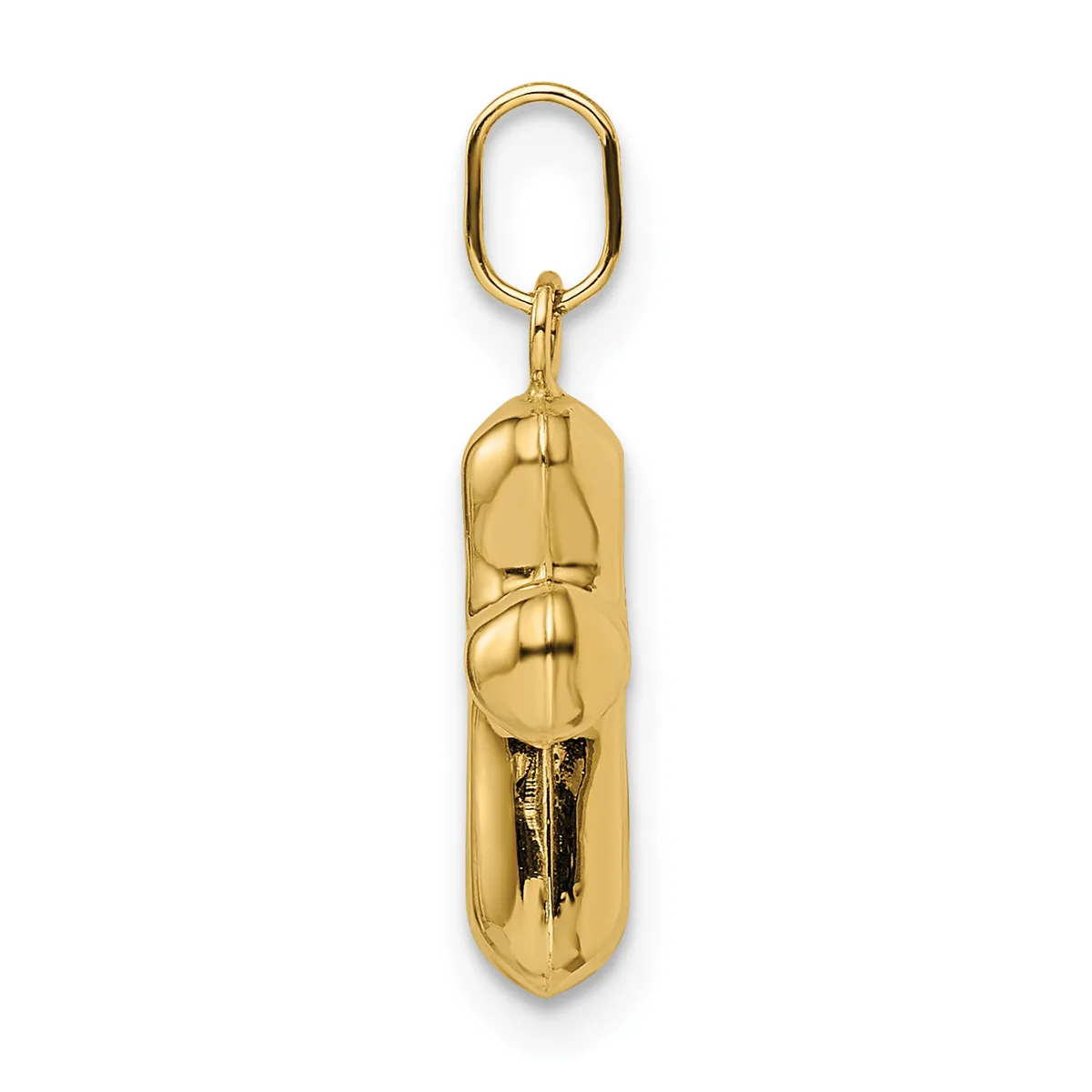 A gold-toned metal keychain pendant shaped like a peanut in its shell, with detailed segmentation lines, suspended from an oval loop.