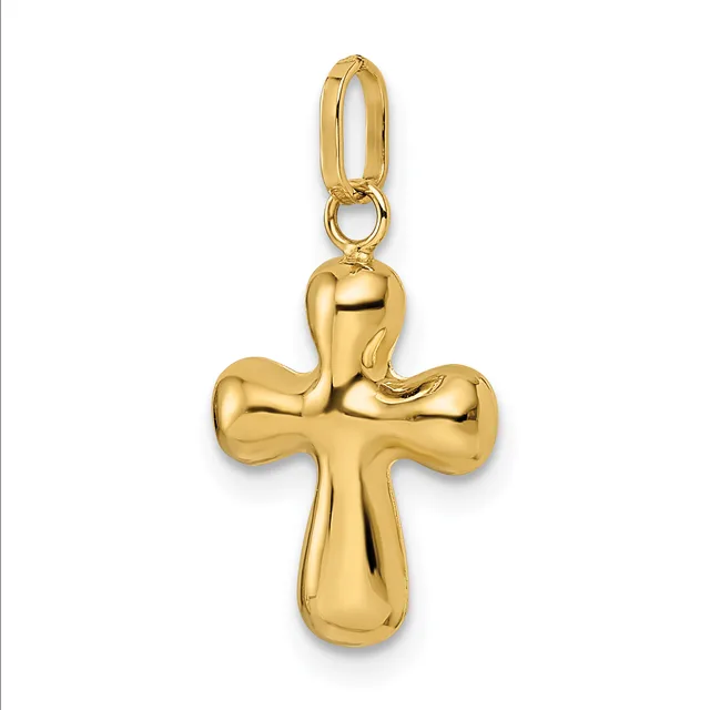 A polished gold cross pendant with rounded, bulbous ends on each arm, suspended from an oval loop bail.