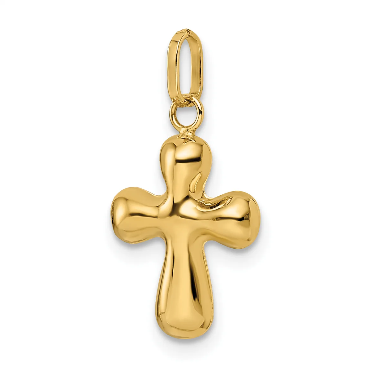A polished gold cross pendant with rounded, bulbous ends on each arm, suspended from an oval loop bail.