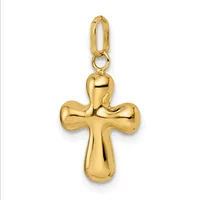 A polished gold cross pendant with rounded, bulbous ends on each arm, suspended from an oval loop bail.