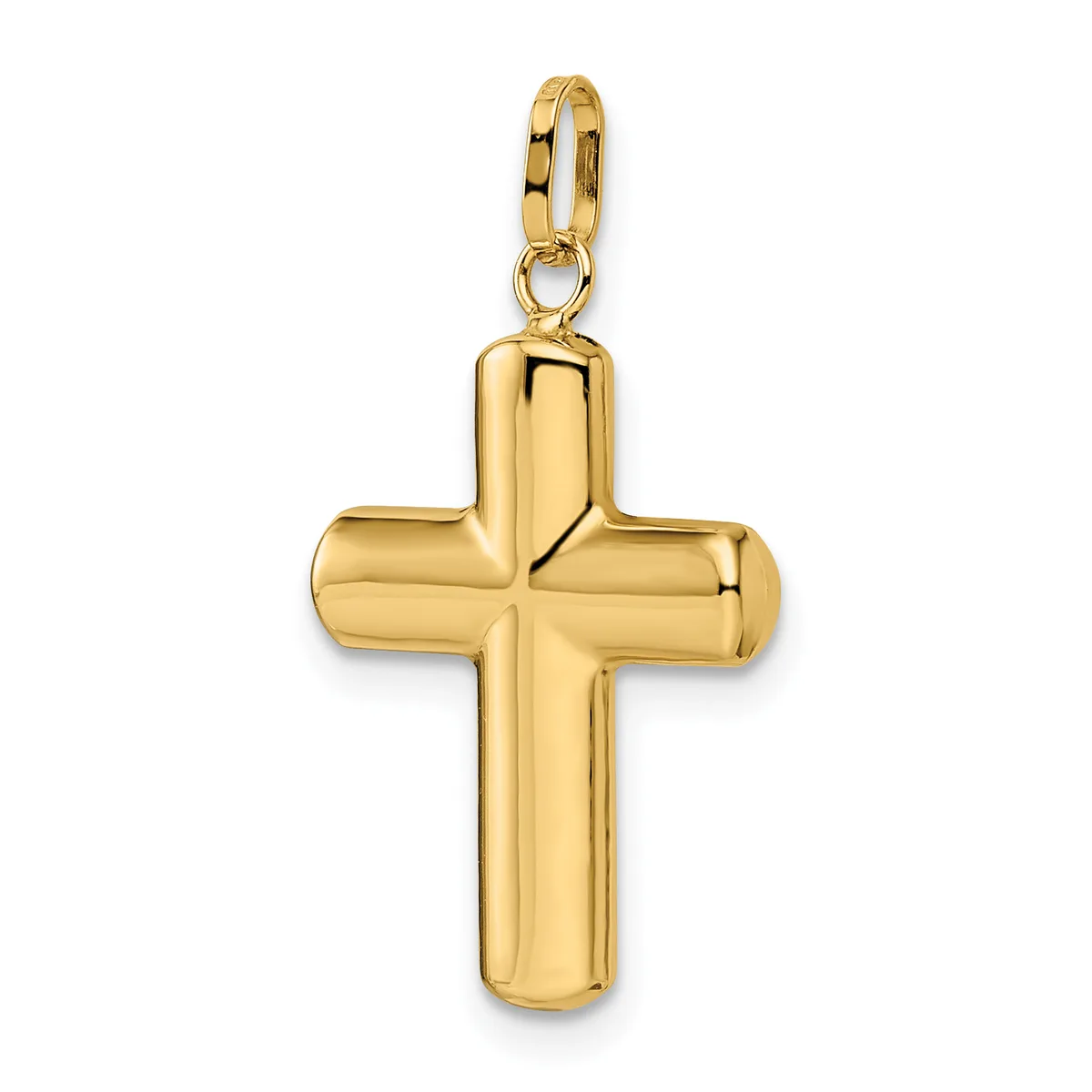 A polished gold cross pendant with rounded edges and cylindrical arms, suspended from a small gold bail loop.