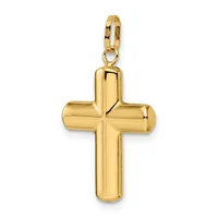 A polished gold cross pendant with rounded edges and cylindrical arms, suspended from a small gold bail loop.