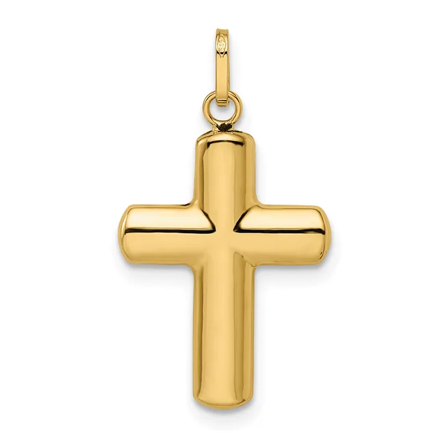 A polished gold cross pendant with rounded tubular arms and a small loop at the top for hanging on a chain.
