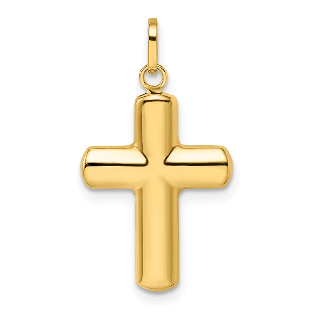 A polished gold cross pendant with rounded cylindrical arms and a small bail loop at the top, shown against a white background.