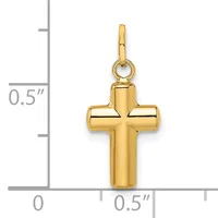 A polished gold-colored cross pendant with a rounded loop at the top, shown next to a ruler indicating it measures approximately 0.5 inches wide and 0.5 inches tall.