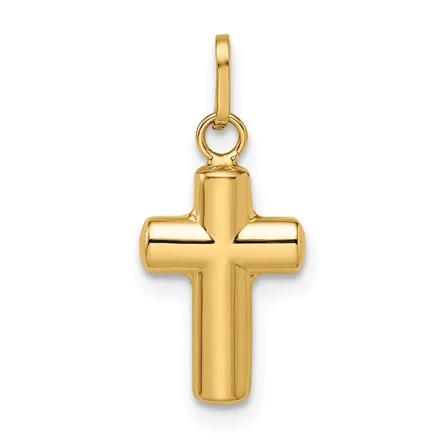 A polished gold cross pendant with rounded edges and a small loop at the top for attaching to a chain or cord.