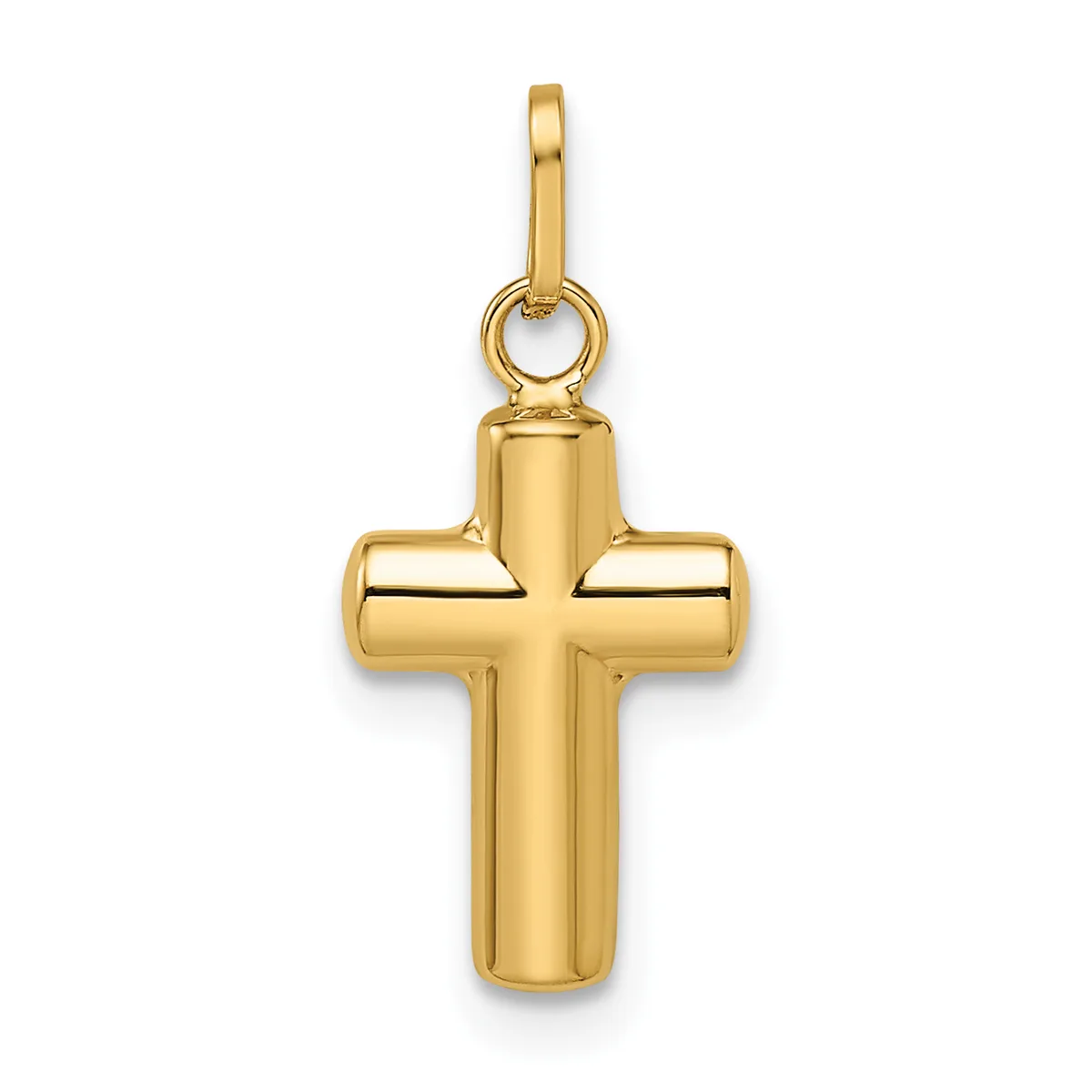 A polished gold cross pendant with rounded edges and a small loop at the top for attaching to a chain or cord.