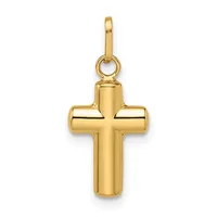 A polished gold cross pendant with rounded edges and a small loop at the top for attaching to a chain or cord.