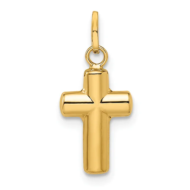 A polished gold cross pendant with rounded edges and a small loop at the top for attachment to a chain.
