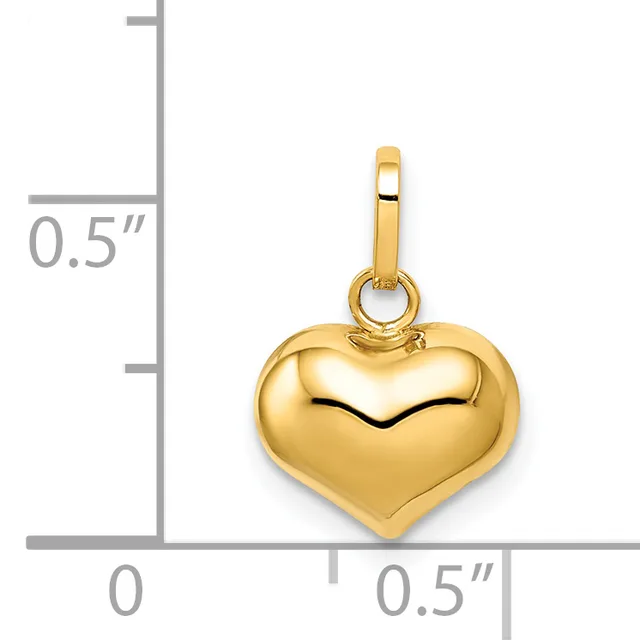 Gold-toned puffy heart charm with a bail loop, shown next to a measurement scale indicating approximately half an inch in width and height.