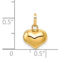 Gold-toned puffy heart charm with a bail loop, shown next to a measurement scale indicating approximately half an inch in width and height.