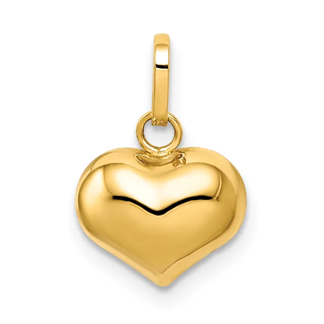 A polished gold heart-shaped pendant with a rounded bail loop at the top, shown against a white background.