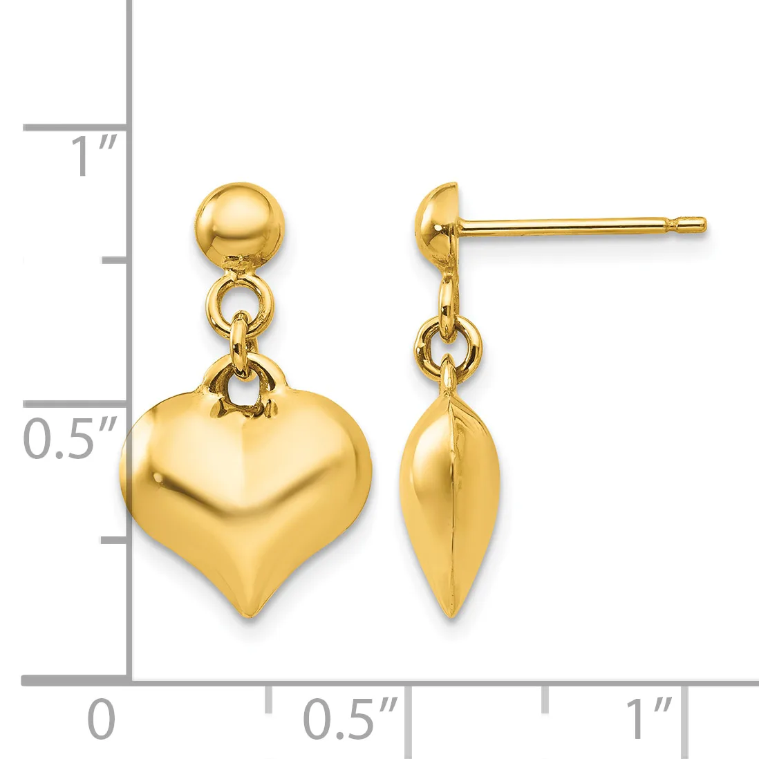 Gold-toned heart-shaped dangle earrings with ball studs, shown front and side views next to a measurement ruler indicating approximately one inch in length.