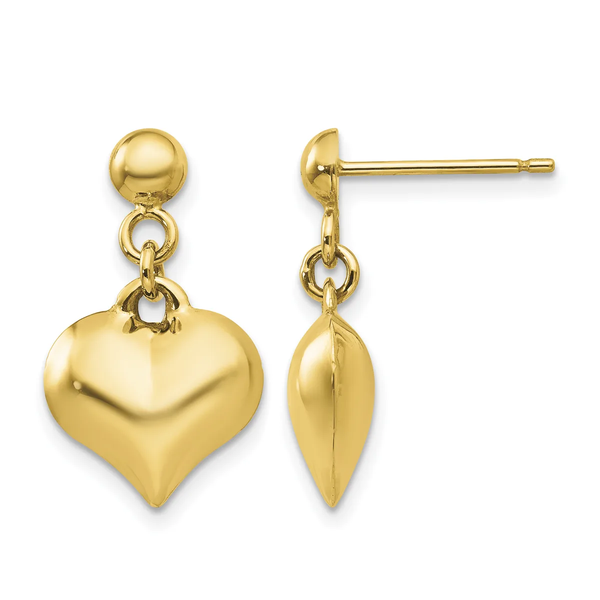 Pair of gold dangle earrings with small spheres at the top and larger polished puffy heart charms hanging below, shown from front and side views.