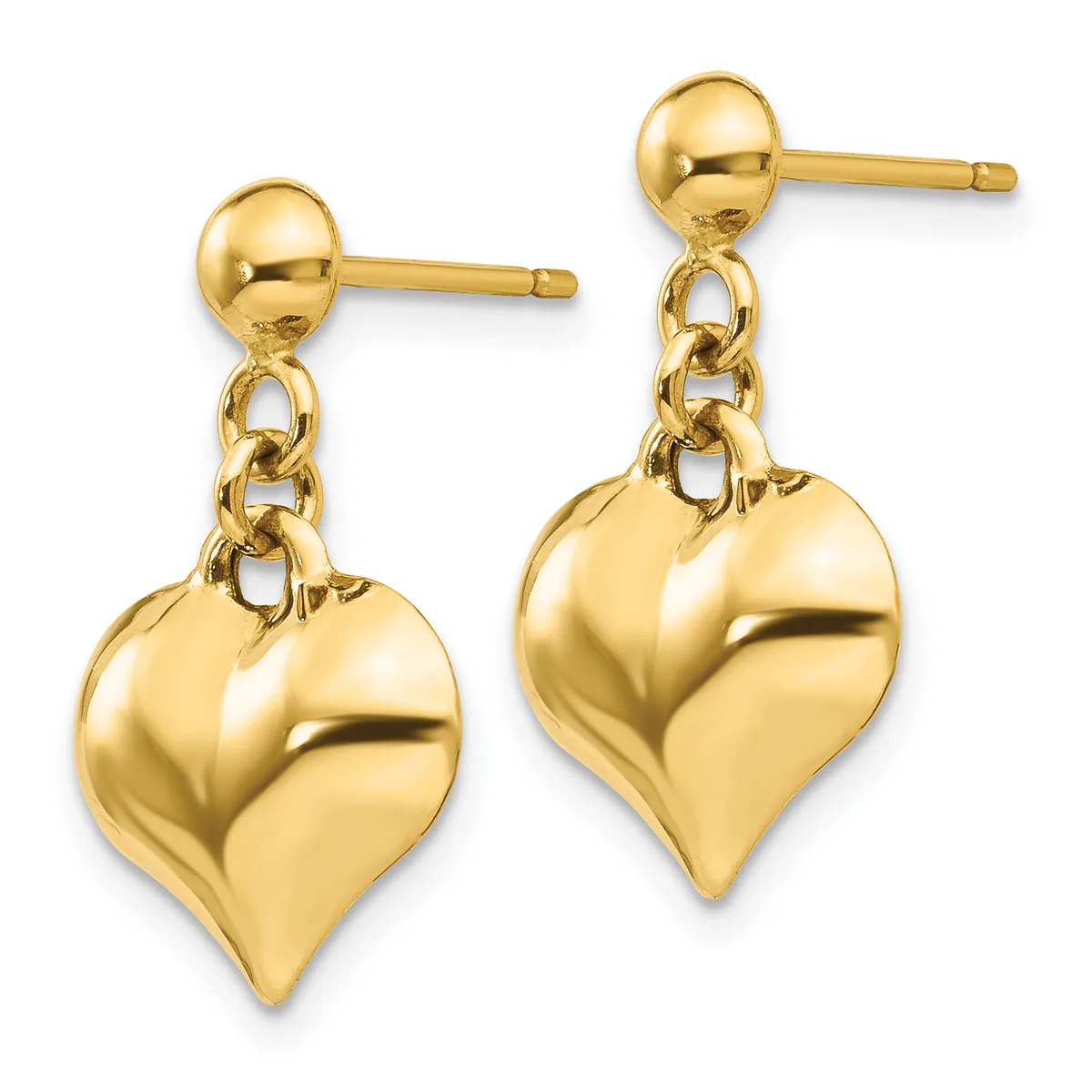 Pair of gold-toned drop earrings with ball studs connected by small chain links to polished puffy heart charms.