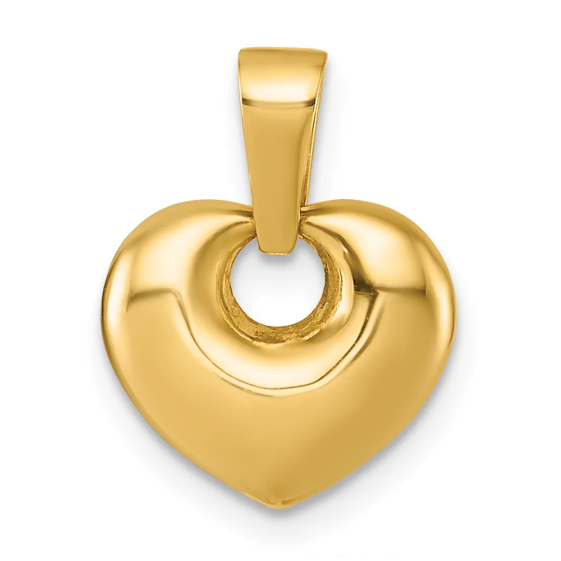 A polished gold heart-shaped pendant with a hollow center and a rectangular bail attachment at the top.