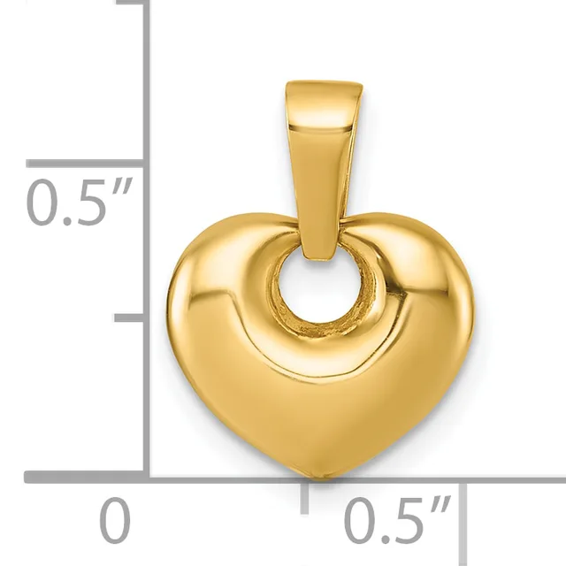Gold-toned heart-shaped pendant with a hollow center and rectangular bail, shown with measurement scale indicating approximately 0.5 inches in height and width.