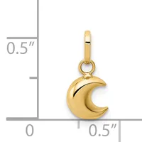 Gold crescent moon charm with bail attachment shown next to a measurement scale indicating approximately 0.5 inches in height and width.