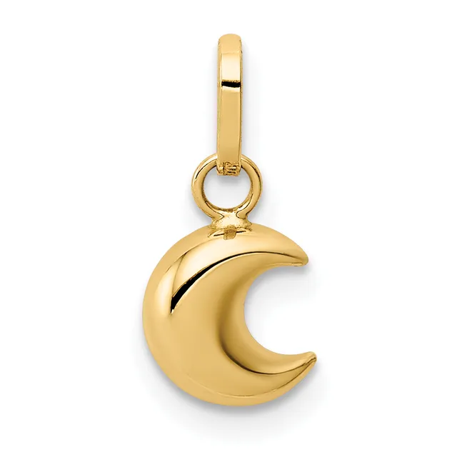 A polished gold crescent moon charm with a small loop attachment at the top, shown suspended against a white background.