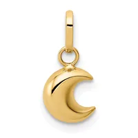 A polished gold crescent moon charm with a small loop attachment at the top, shown suspended against a white background.