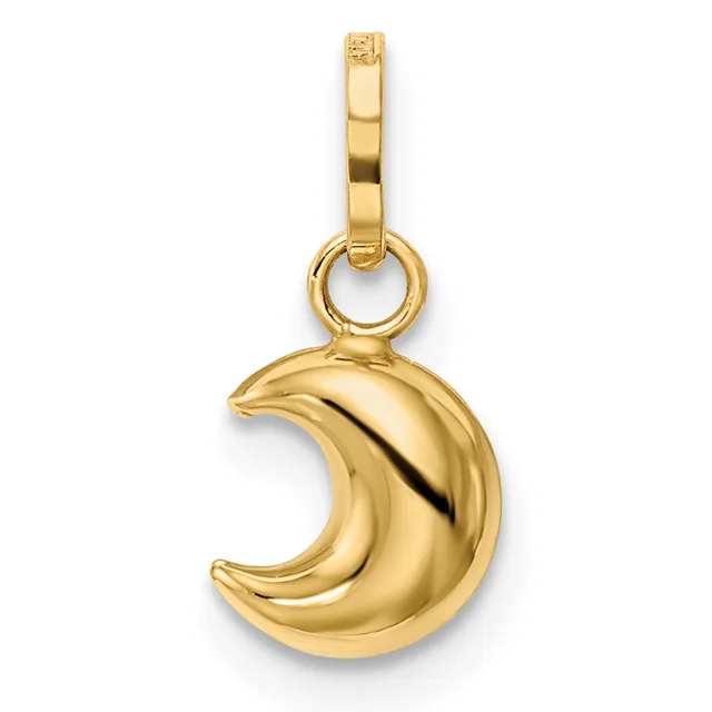 A gold crescent moon pendant with a polished finish hangs from a rectangular bail against a white background.