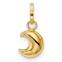 A gold crescent moon pendant with a polished finish hangs from a rectangular bail against a white background.