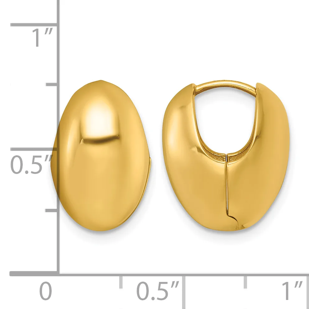 Pair of polished gold hoop earrings shown from front and back views next to a ruler indicating approximately one inch in height.