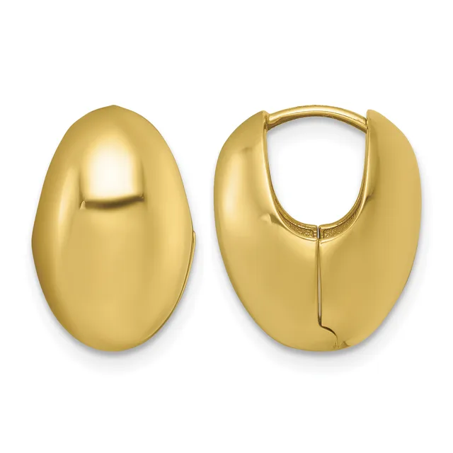A pair of polished gold-colored huggie hoop earrings shown from front and back views, featuring a smooth curved oval shape with a hinged clasp closure.