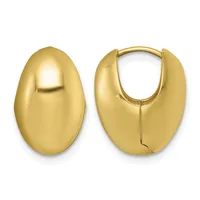 A pair of polished gold-colored huggie hoop earrings shown from front and back views, featuring a smooth curved oval shape with a hinged clasp closure.