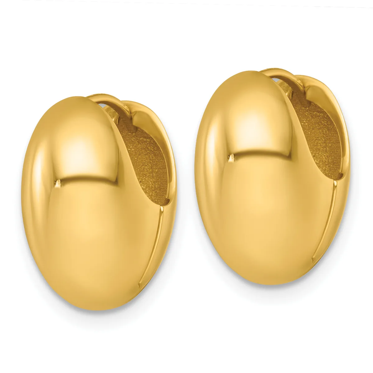 A pair of polished yellow gold chunky oval hoop earrings with hinged closures, shown from the front against a white background.
