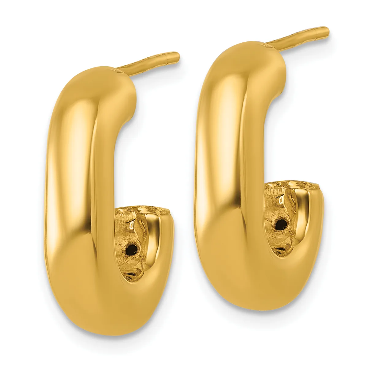 A pair of polished gold hoop earrings with curved tubing and post backs displayed against a white background.