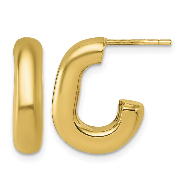 A pair of gold-plated chunky tubular hoop earrings with post and clutch backs, shown from the front and side view.