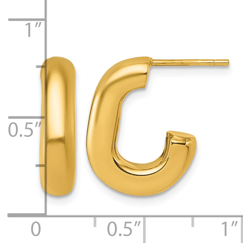 A pair of polished gold hoop earrings with a curved tubular design, shown with measurement indicators displaying approximately one inch height and half inch width.