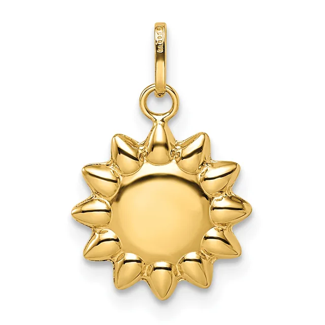 A gold sun-shaped pendant with a smooth circular center surrounded by pointed rays, suspended from a gold bail with a small loop attachment.