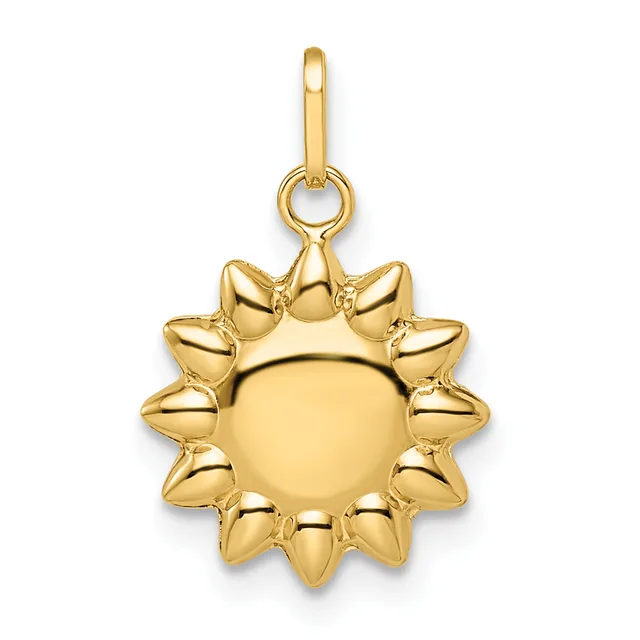 Gold sun-shaped pendant charm with pointed rays radiating from a smooth circular center, suspended from a gold loop bail.