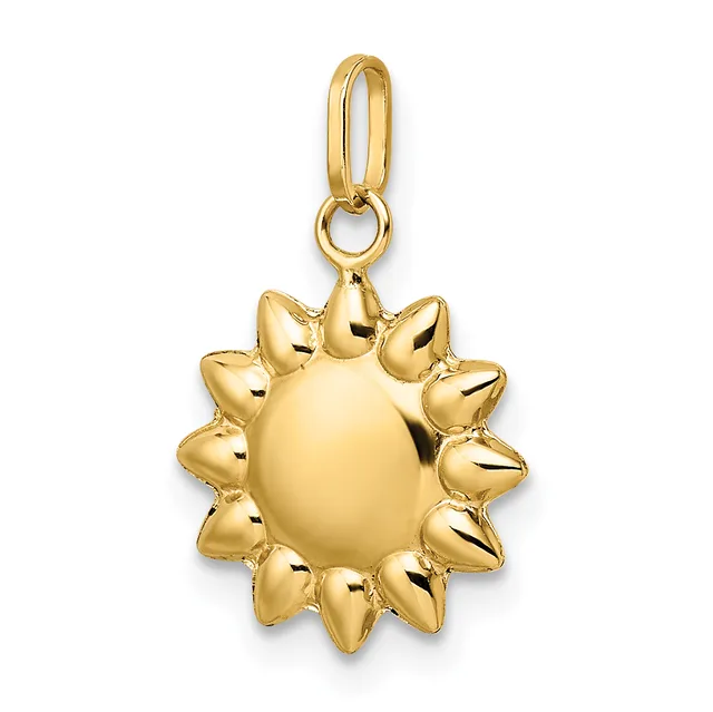 A gold sun-shaped pendant with a smooth center disk surrounded by pointed rays, suspended from a gold oval loop bail.