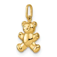 A polished gold teddy bear charm with a loop attachment at the top, shown against a white background.
