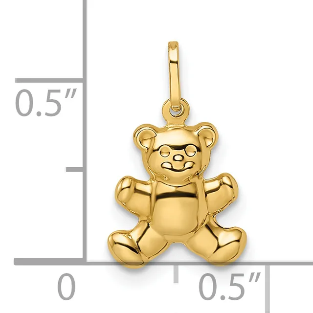 Gold teddy bear pendant with a smiling face, shown next to a measurement scale indicating it is approximately 0.5 inches in height and width.