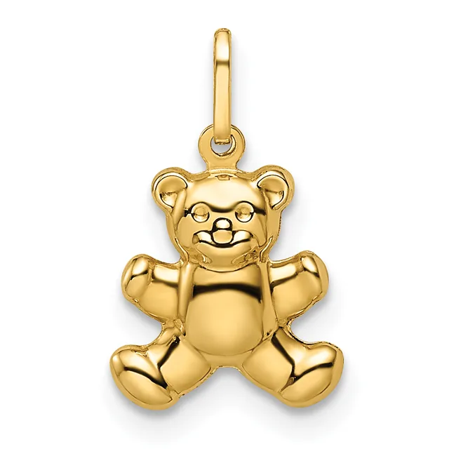 A polished gold teddy bear pendant with articulated limbs, featuring a smiling face with small eyes and nose, suspended from a rounded bail loop.