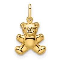 A polished gold teddy bear pendant with articulated limbs, featuring a smiling face with small eyes and nose, suspended from a rounded bail loop.