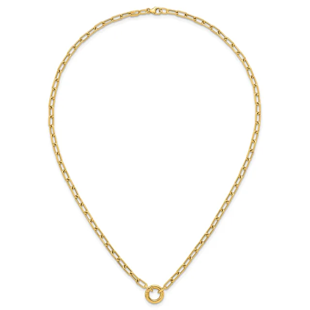 A gold-toned chain necklace with rectangular links and a small circular loop at the center bottom, displayed against a white background.