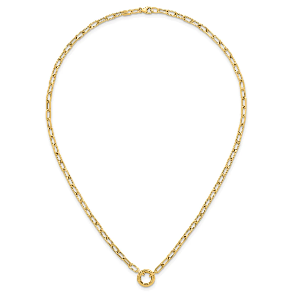 A gold-toned chain necklace with rectangular links and a small circular loop at the center bottom, displayed against a white background.