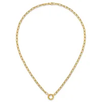 A gold-toned chain necklace with rectangular links and a small circular loop at the center bottom, displayed against a white background.